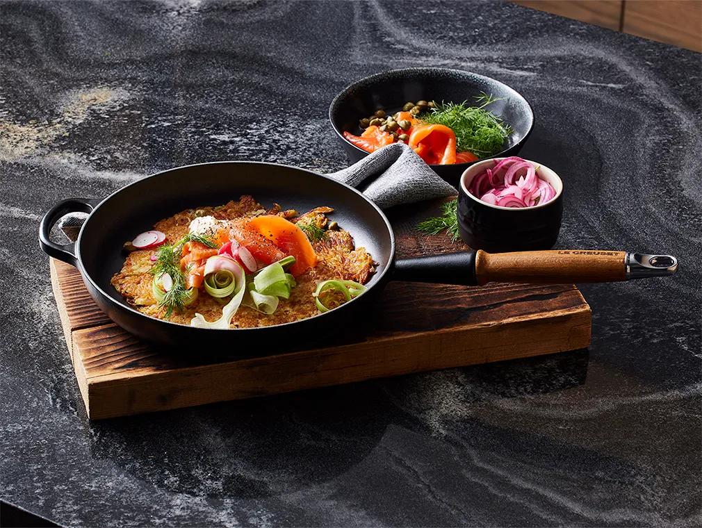 One-Pan Orange Sweet Potato Rosti with Smoked Salmon and Crème Fraiche