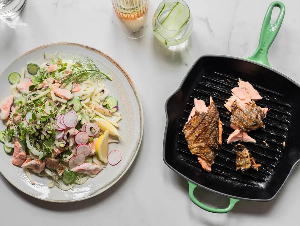 Pan-fried Trout with Caper Berries & Cucumber Apple Slaw