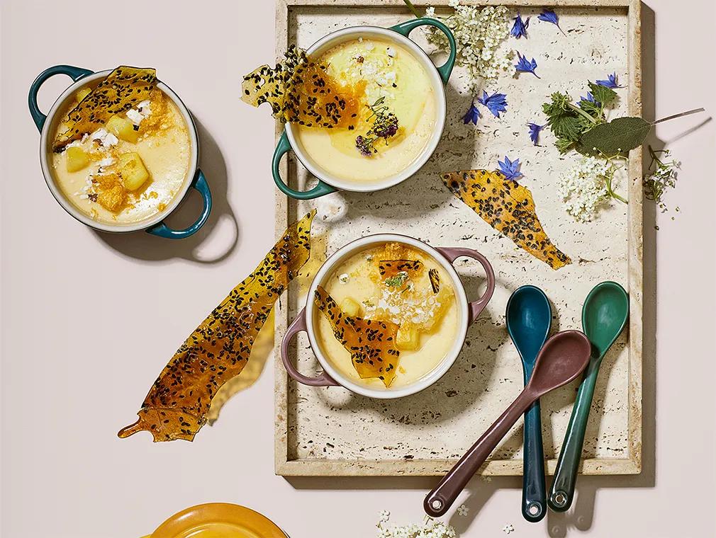 Sweet Cardamom Baked Coconut Yoghurt with Ginger Preserve and Sesame Brittle
